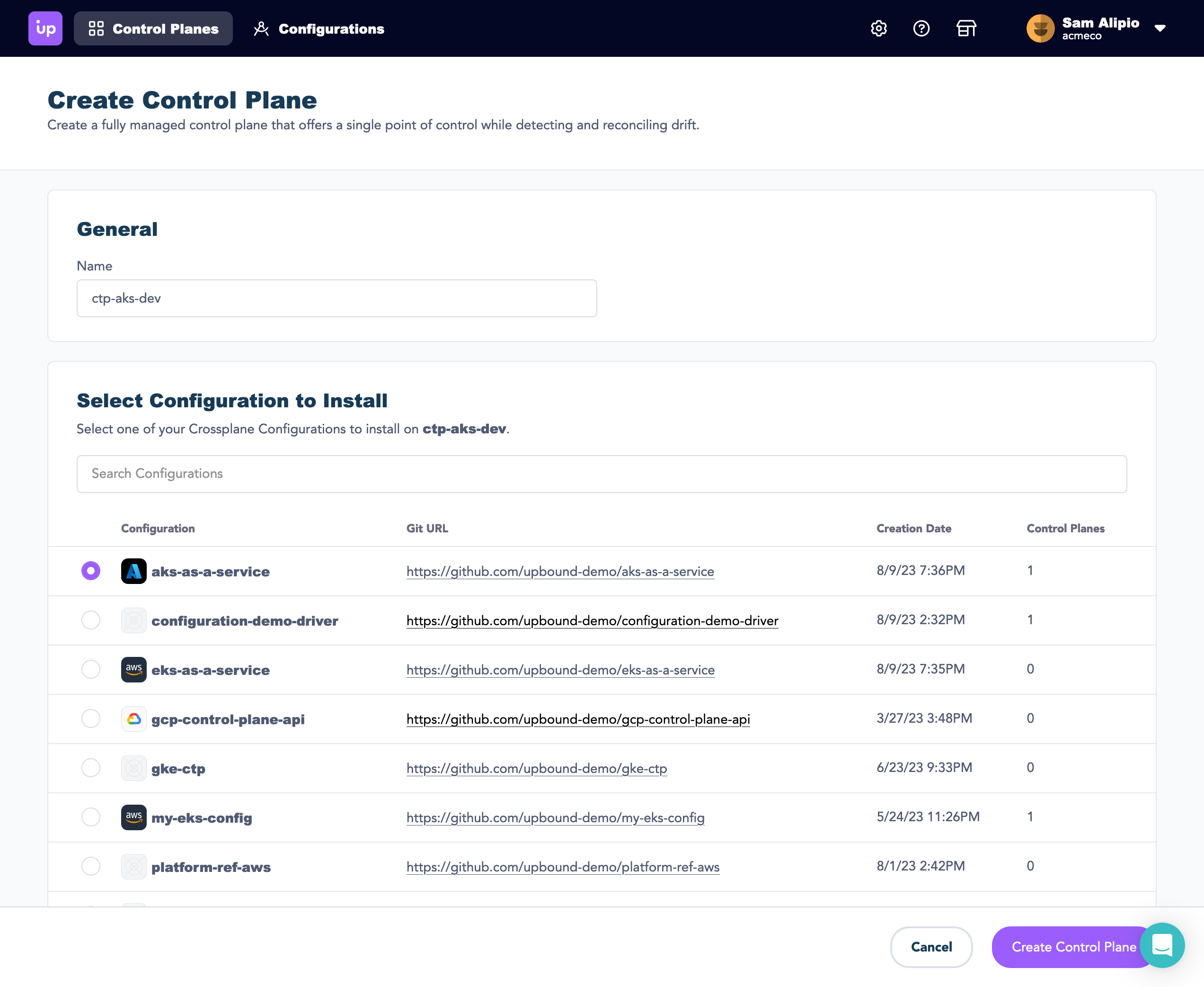 Create a control plane